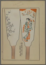 Japanische Spielzeuge, aus Unai no tomo (Ein Kinderfreund) von Shimizu Seifu, 1891-1923. Hanetsuki-Schläger mit Frau im Kimono.